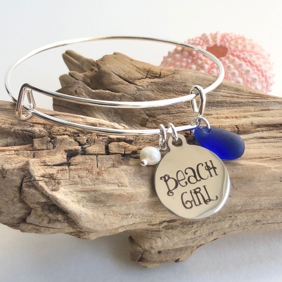 Artisan Jewelry - Genuine Blue Sea Glass Beach Girl Bangle Bracelet